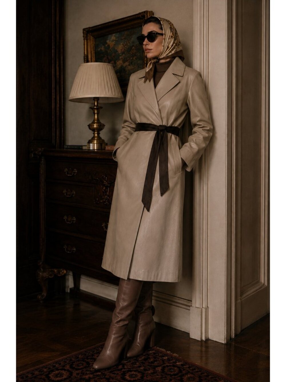 Vintage Nobbson Fort Wayne Soft Genuine Leather Long Belted Coat Beige S/M